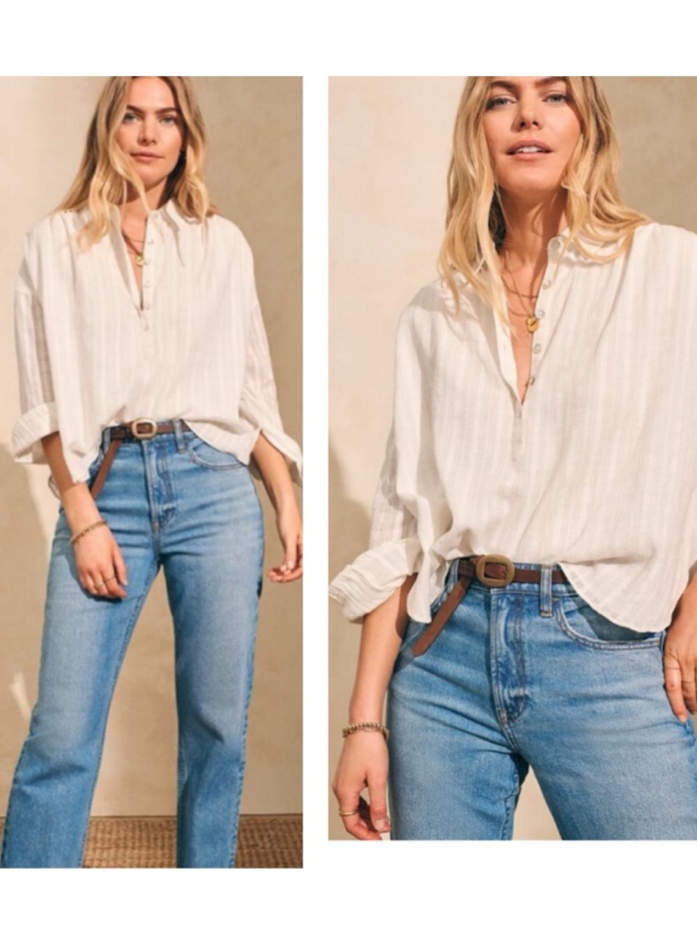 Faherty Olli Organic Cotton Popover Shirt in Egret Long Sleeves Large Minimalist - Picture 3 of 16